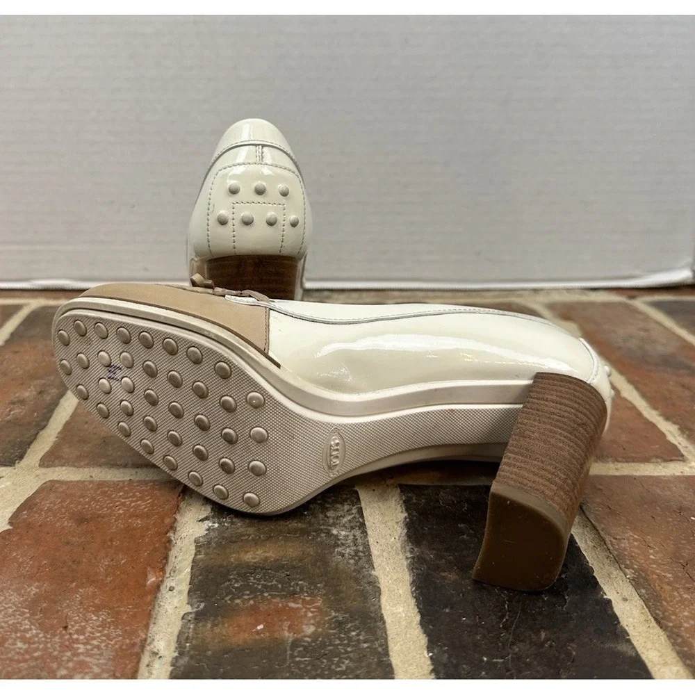 Tod's Two-Tone Leather Loafer Pumps High Stacked Heel Beige & White Women's 6